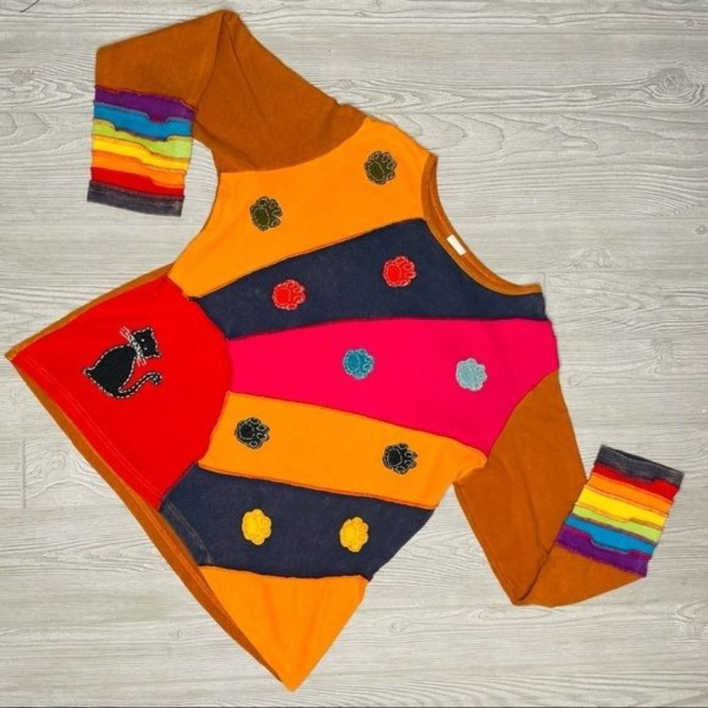 Creative girl cotton patchwork cat paw sweater rainbow boho eclectic size xxxl